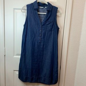 New York Company Dress Medium Blue Denim Collar V Neck Short Sleeve Button Front